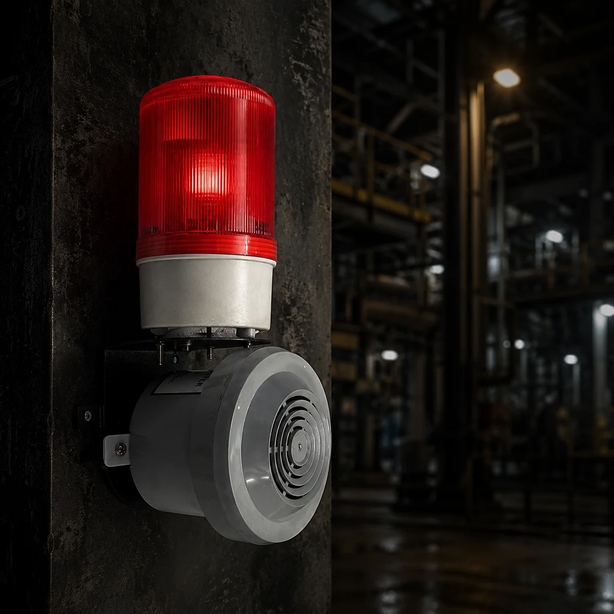 Industrial audio visual alarm — LED strobe beacon and hooter combined unit for high-noise environments and PPE areas, India