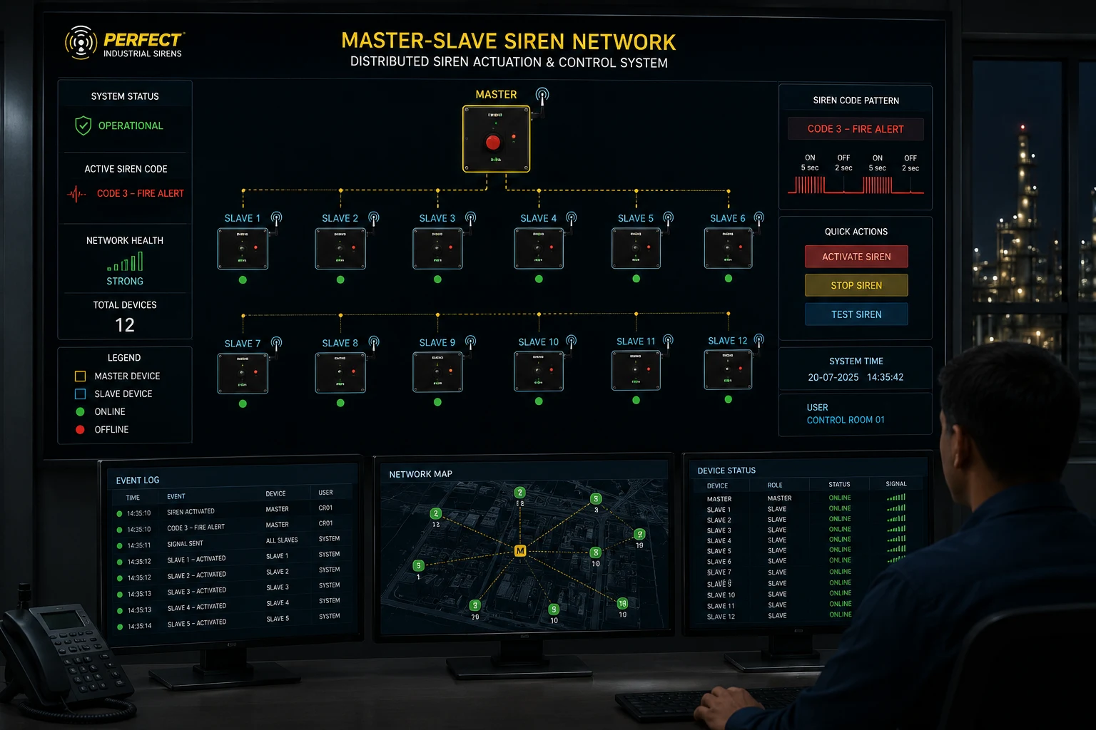 Distributed siren actuation and control system — master slave multi-site network centralised dashboard, Perfect Industrial Warning Systems