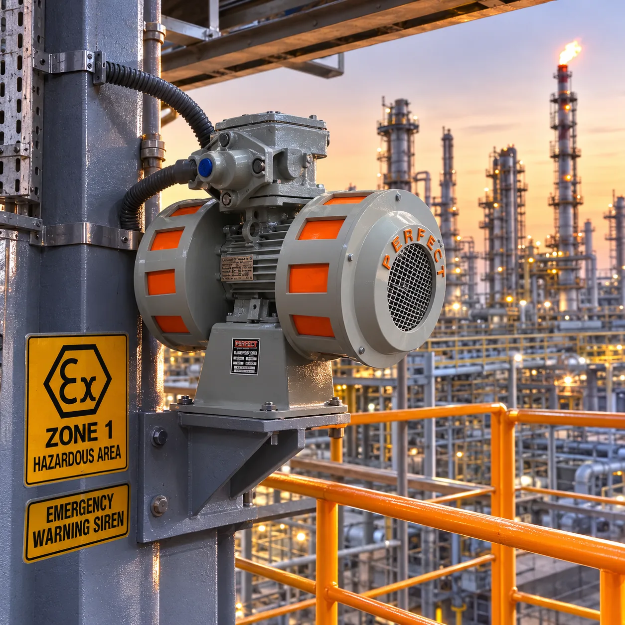 PESO and CIMFR certified flameproof siren — Zone 1 and Zone 2 hazardous areas, Ex d IIC T6, petroleum refinery, India