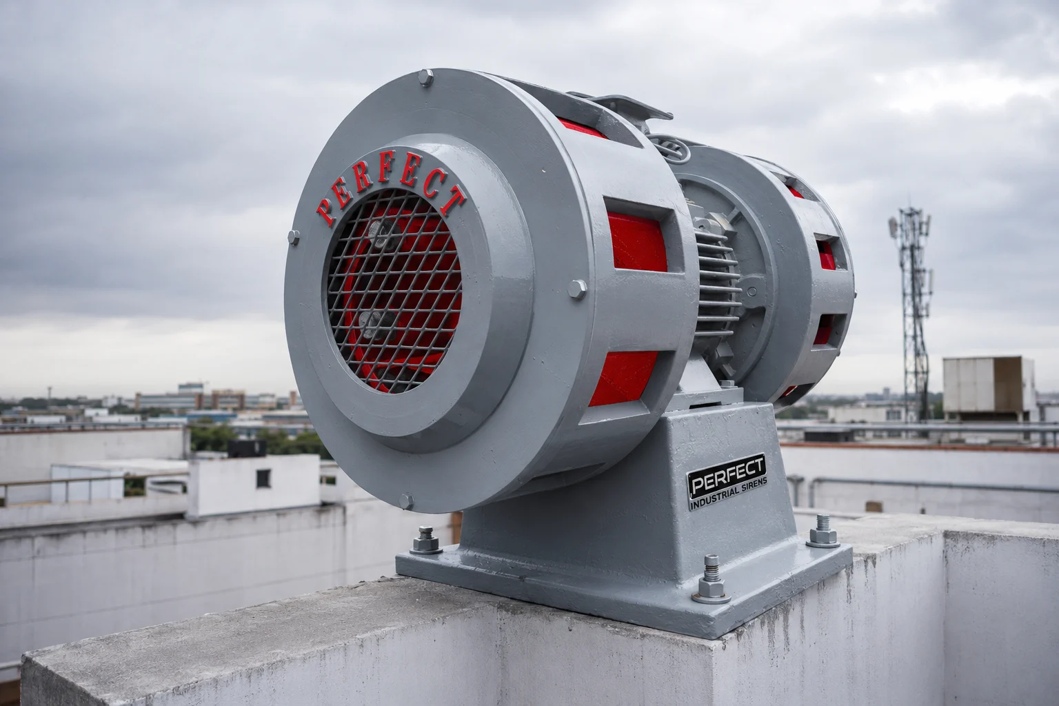 Complete industrial siren range — motor driven, flameproof, GSM remote, distributed control, voice announcement, Perfect Industrial Warning Systems